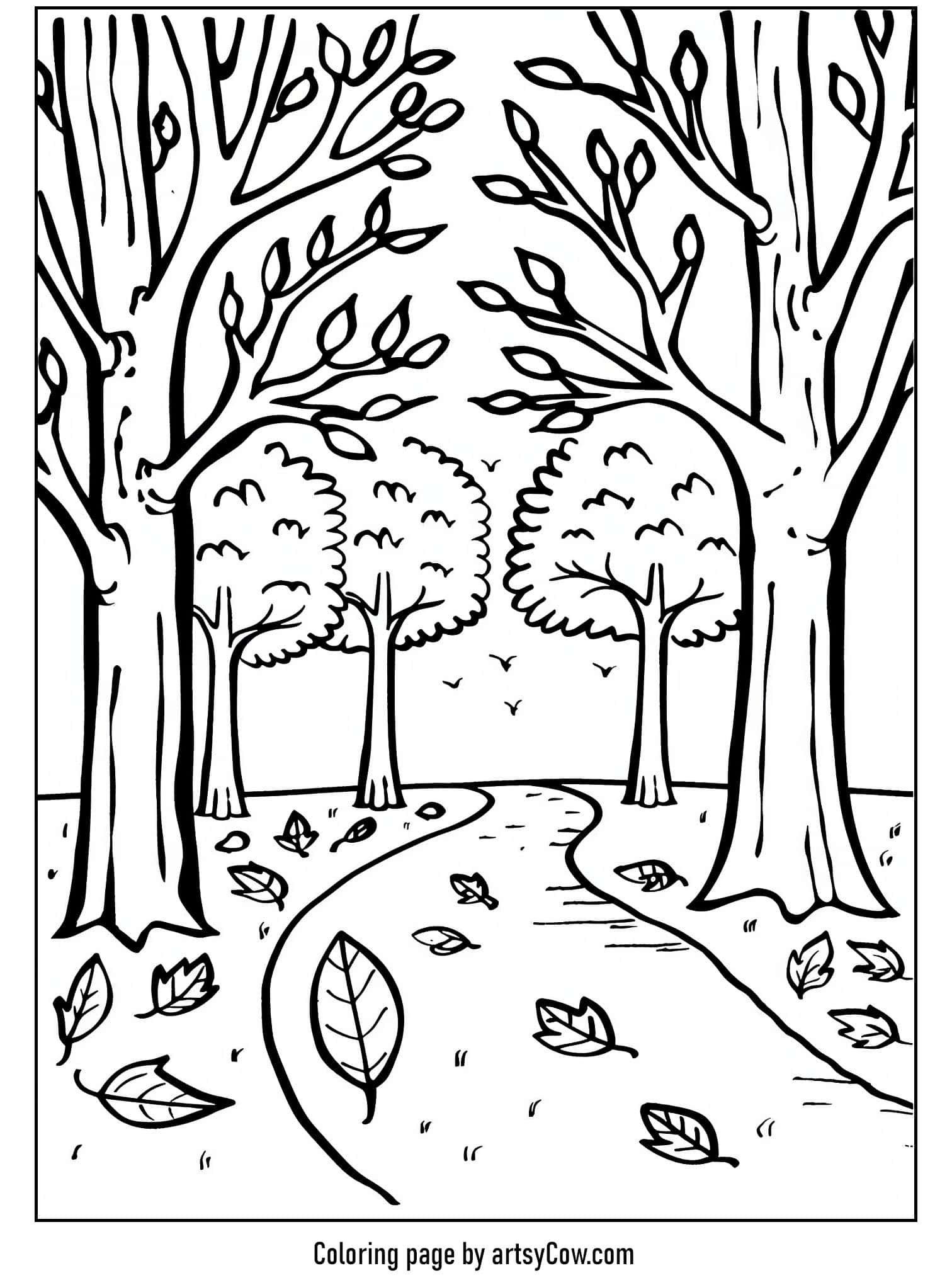 a line drawing depicting a tranquil path winding through trees with scattered leaves